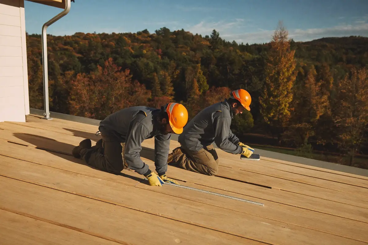 Roofix crew fastening roof decking on a hillside home at golden hour